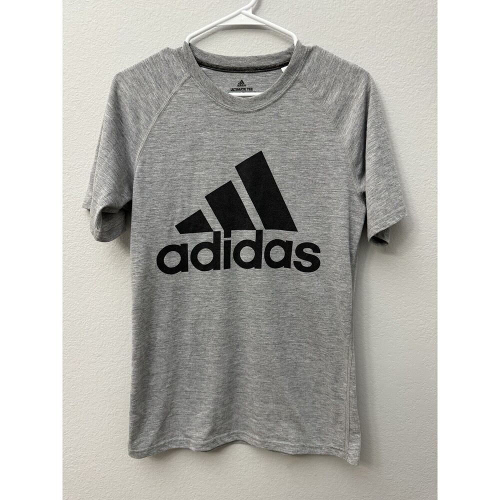 Adidas Shirt S Gray Ultimate Tee Mountain Logo Spellout‎ Three Stripes Polyester